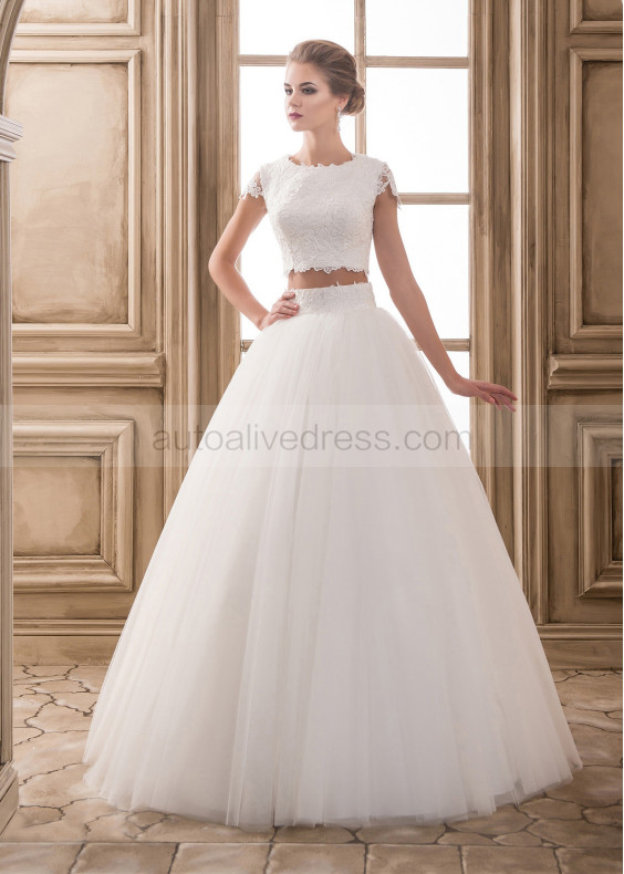 Twinset Cap Sleeves Ivory Lace Tulle Wedding Dress